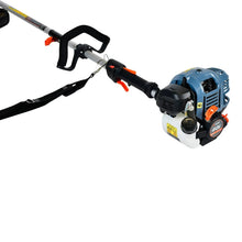 Gas string trimmer close-up of blue engine, black handle, and curved safety trigger