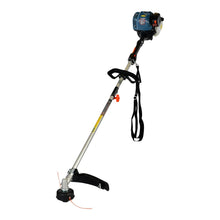 Gas string trimmer with blue engine unit, straight shaft, and black front guard