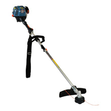 Gas string trimmer with blue engine, straight shaft, and black cutting head guard