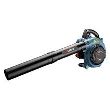 Handheld gas leaf blower with blue engine housing and long black air tube