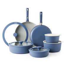 Navy blue nonstick pots and pans set with matching lids and handles