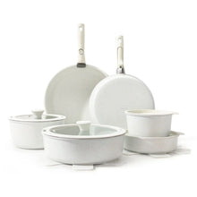 White speckled cookware set with detachable handles, stacked pots and pans