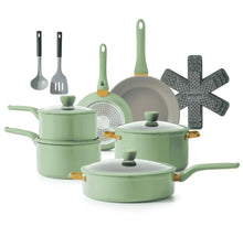 Green nonstick cookware set with pots, frying pans, and pan protectors