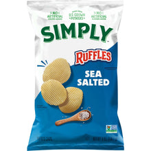 Ruffles sea salt potato chips bag with ruffled chips and sea salt sprinkle