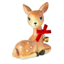 Sitting deer tabletop decoration, brown glitter with red bow and small gold bell