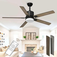 Ceiling fan with light, black motor and wood-style blades
