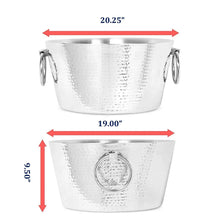 Hammered stainless steel beverage tub shown from front with handle, size arrows