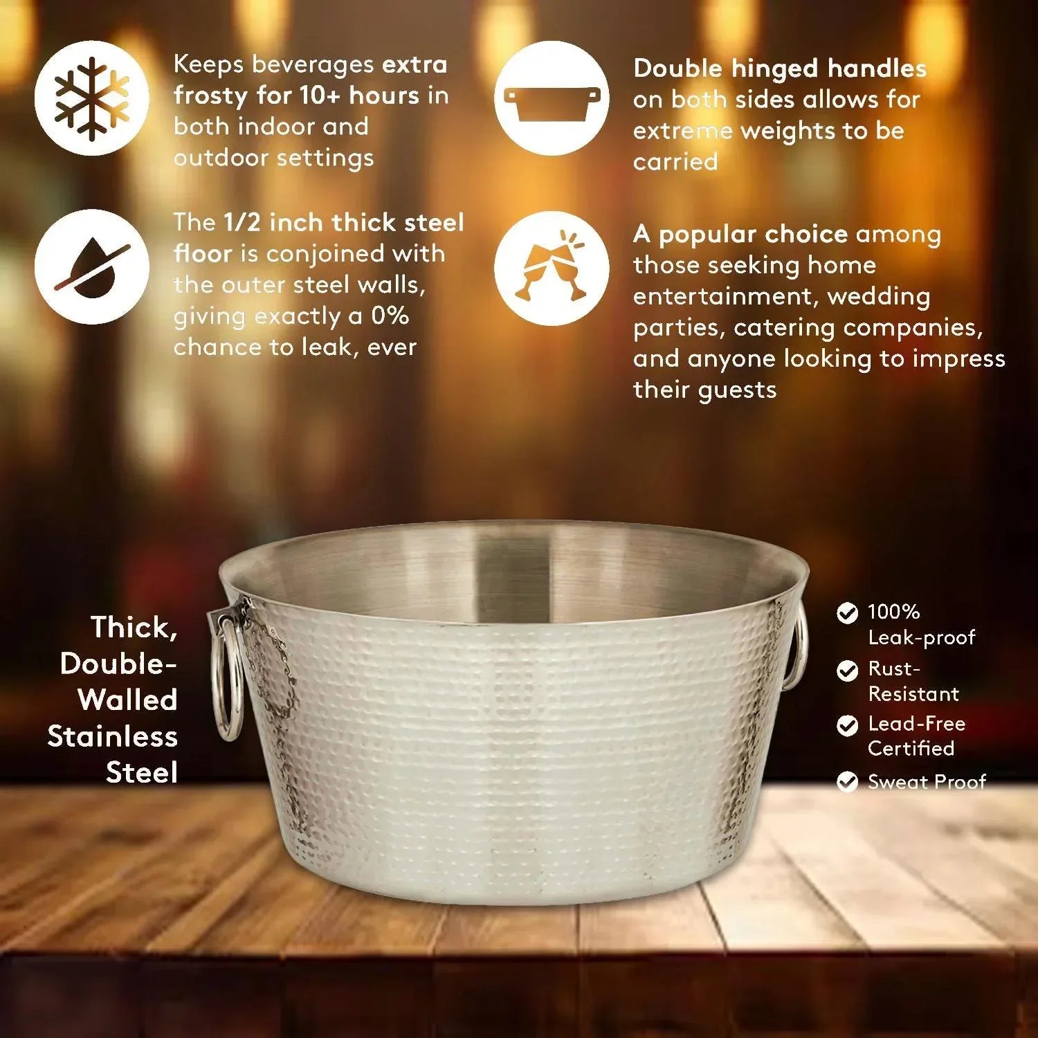 SKI 30 Quart Hammered Double Walled Stainless Steel Beverage Tub