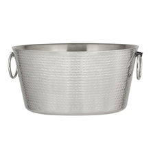 Hammered stainless steel beverage tub with dual hinged handles and smooth rim