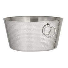 Hammered stainless steel beverage tub with one visible hinged handle, open top