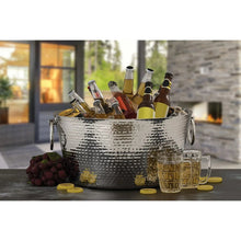 Hammered stainless steel beverage tub with dual hinged handles and hammered texture