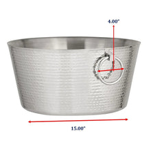 Hammered stainless steel beverage tub with dual hinged handles and side ring detail