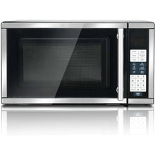Countertop microwave oven with black finish, reflective door and right-side control keypad