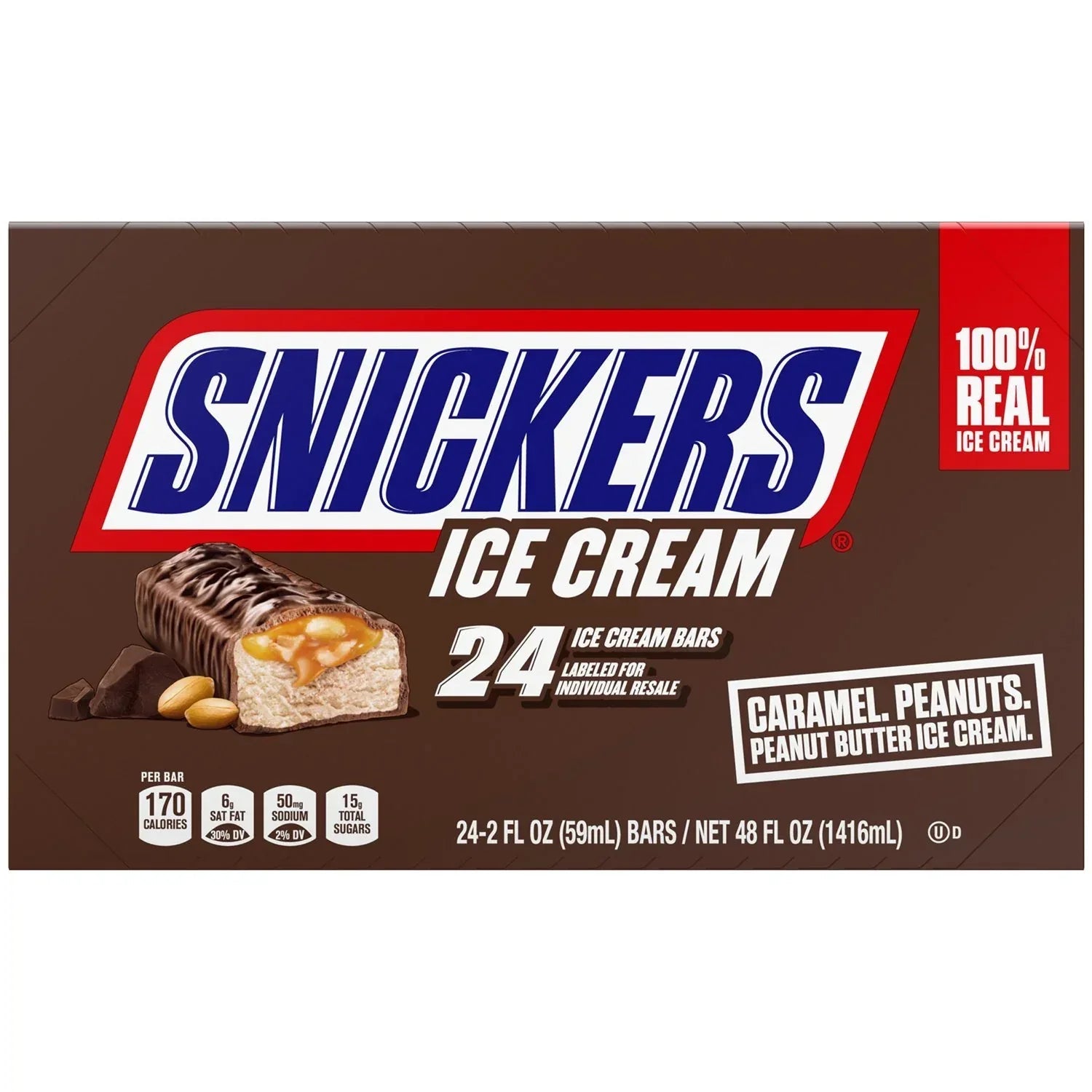 SNICKERS Chocolate Caramel Peanut Butter Ice Cream Bars, Frozen, 2 oz., 24 ct.