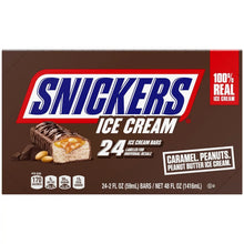 SNICKERS ice cream bars 24-pack box front showing caramel, peanuts, and peanut butter