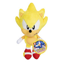 Yellow spiky Sonic-style plush doll with red-and-white striped shoes and small badge