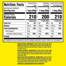 Nutrition facts and ingredients label for sour gummy candy variety pack