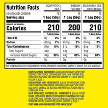 Nutrition facts label for Sour Patch Kids and Swedish Fish mini candies