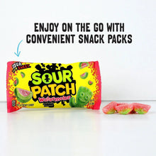 Sour Patch Kids candy snack pack with watermelon gummies beside it