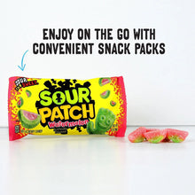 Sour Patch Kids watermelon snack pack with a few gummies beside it