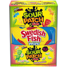 Sour Patch Kids and Swedish Fish variety pack candy box, front view