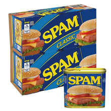 SPAM Classic canned meat multipack box with 12 oz cans, blue and yellow branding