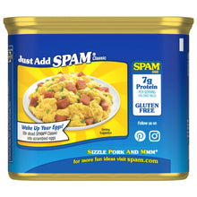 Canned luncheon meat container back with scrambled eggs serving graphic