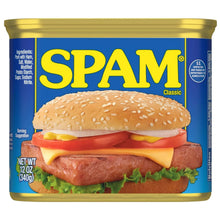 Canned luncheon meat container front with sandwich graphic and lettuce garnish