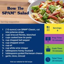 Bow tie SPAM salad recipe card with bowl of salad