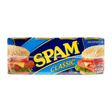 SPAM Classic 12 oz can multipack carton with sandwich graphics on blue packaging