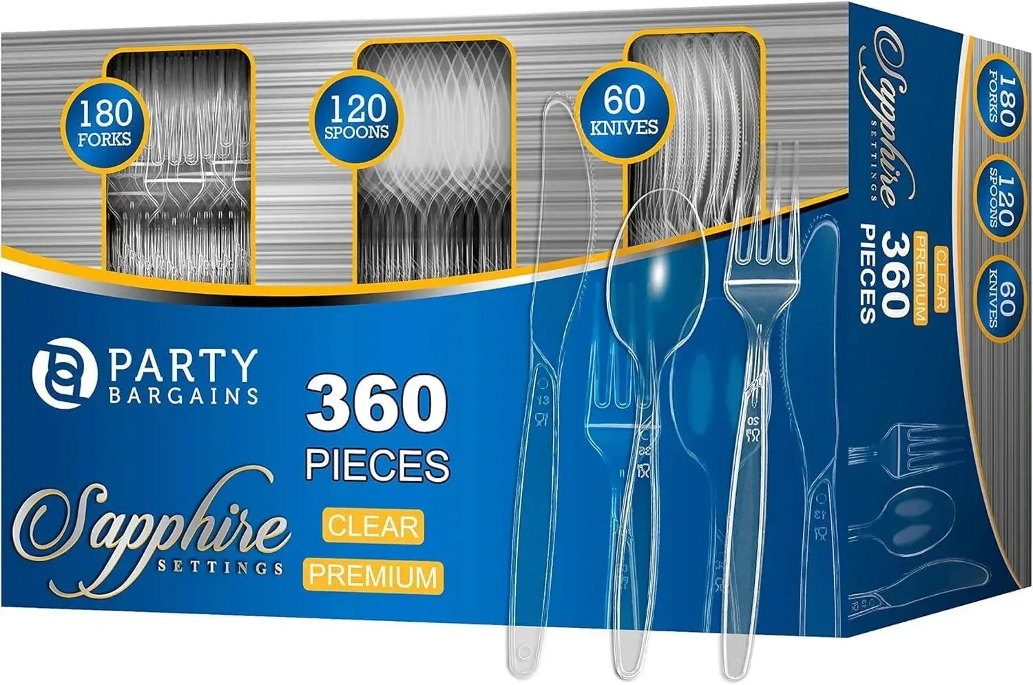 Party Bargains Disposable Cutlery set, SAPPHIRE Design, Clear Color, 360 Pieces: 180 Forks, 120 Spoons, 60 Knives - USA MEGA SHOP