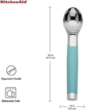 Turquoise ice cream scoop with silver metal head and dishwasher-safe handle