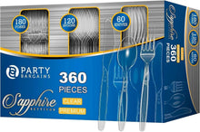 360-piece clear disposable cutlery set box showing forks, spoons, and knives