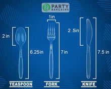 Clear disposable teaspoon, fork, and knife size chart with measurements