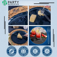 Clear disposable cutlery set packaging with quality badges and utensil photos
