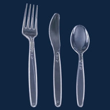 Clear disposable fork, knife, and spoon set with decorative stamped handles