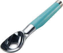 Turquoise ice cream scoop with reflective metal head and ergonomic handle