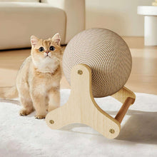 Natural sisal cat scratcher ball with curved wooden base and rolling stand