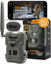 Gray cellular trail camera with screen, shown with box and strap roll