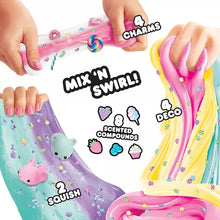 Squeezable multicolor scented slime squish with rainbow swirls and decorative pieces