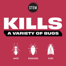 STEM insect-killing spray graphic with ants, roaches, and flies icons
