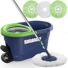 Spin mop and bucket set with wringer, dark blue bucket, green mop heads and pad