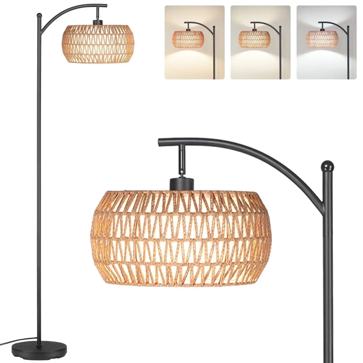 SUNMORY 63'' Dimmable Arc Rattan Floor Lamp, Black Standing Lamp with Rattan & Fabric Double Drum Shade, Boho Farmhouse Tall Lamp for Living Room, Lamps for Bedroom - USA MEGA SHOP