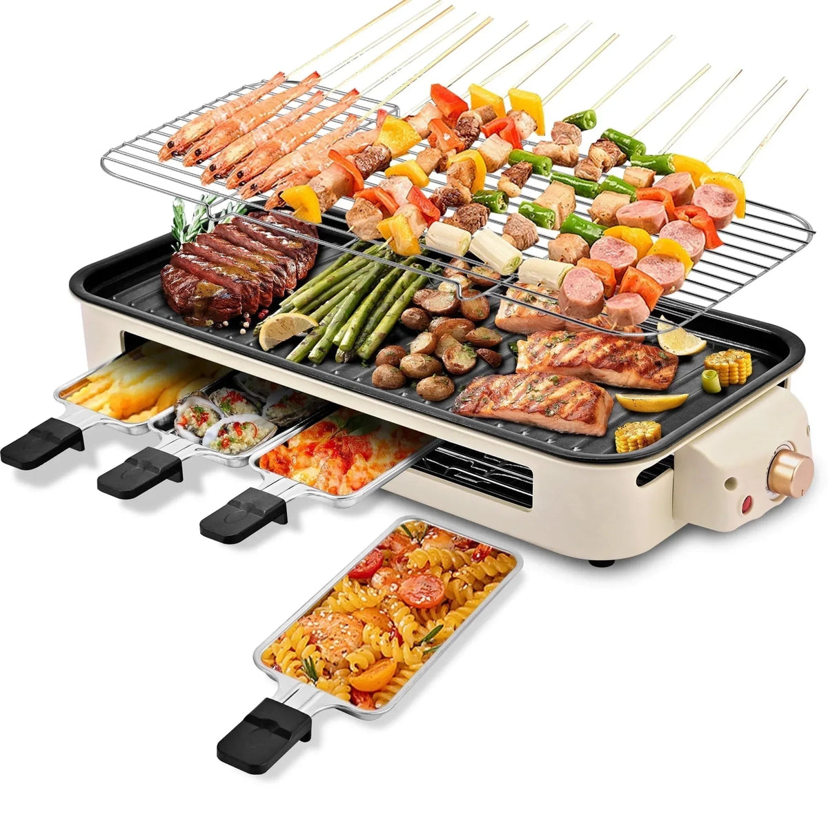 SUSLAS Electric Indoor Grill & Griddle, 1800W Smokeless Design with 4 Removable Nonstick Plates, Dishwasher Safe, Adjustable Temperature Control for Indoor Cooking
