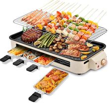 Electric indoor grill with assorted skewers and burgers, plus 4 removable plate inserts, beige body