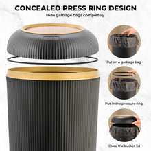 Ribbed white motion-sensor trash can with round lid and concealed press ring