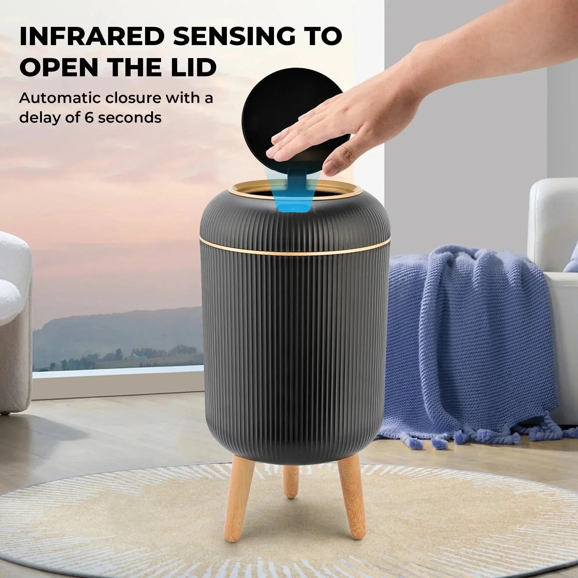 SUSLAS Trash Can with Motion Sensor, Touchless Automatic Lid and Waterproof Design, Smart Waste Bin for Bathroom Kitchen, 2.6 Gallon Plastic, Black - USA MEGA SHOP