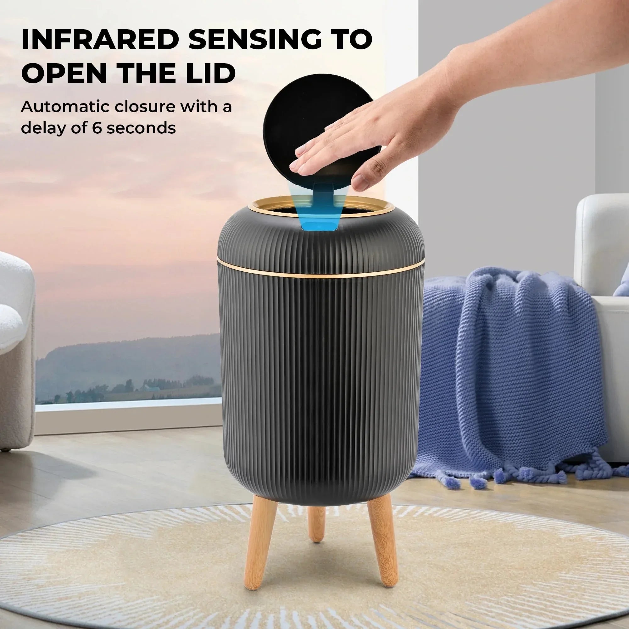 SUSLAS Trash Can with Motion Sensor, Touchless Automatic Lid and Waterproof Design, Smart Waste Bin for Bathroom Kitchen, 2.6 Gallon Plastic, Black