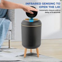 Black automatic trash can with open lid and touchless motion sensor