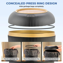 Black automatic trash can with concealed press-ring opening and round top